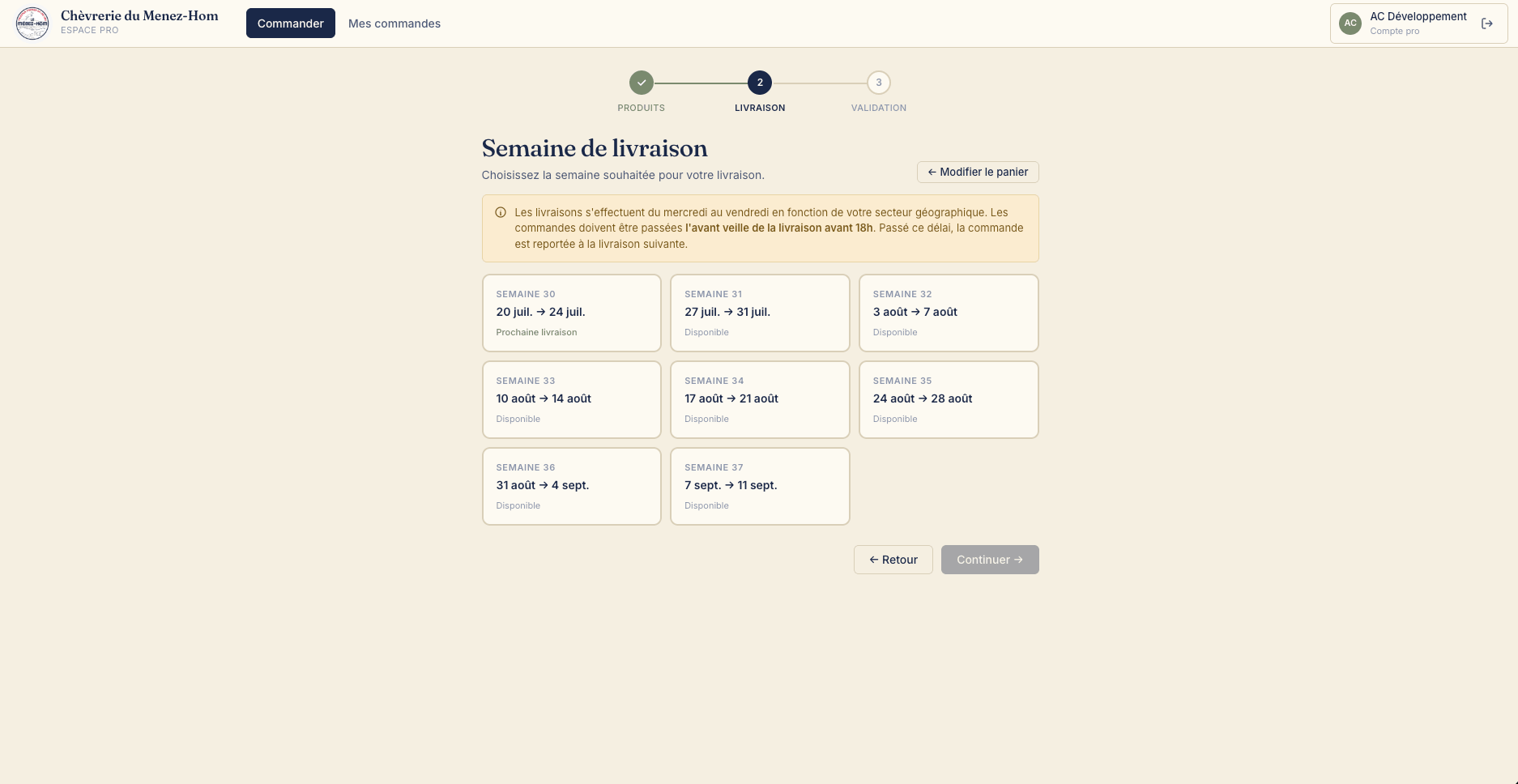 Capture 2 — Fromagerie du Menez Hom : gestionnaire de commandes